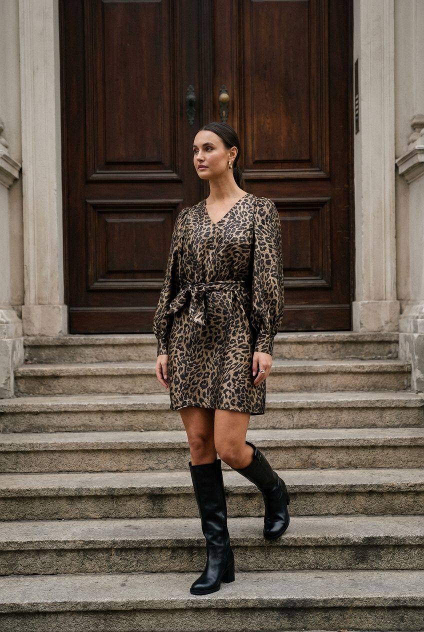 Pink Baby Leona Luxe leopard wrap mini dress in gold brown with a stylish, fitted silhouette and wrap design.