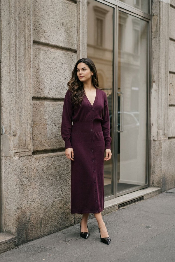 Pink Baby Burgundy Button-Front Knit Midi Dress, stylish with a fitted silhouette and button detail, perfect for casual or semi-formal wear.