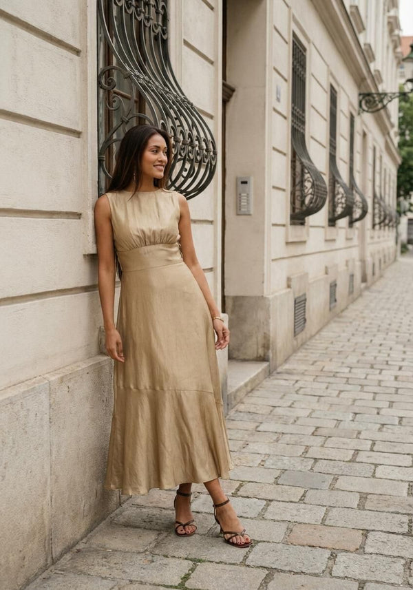 Pink Baby Lanaya Twist-Back Satin Midi Dress in Champagne Gold, showcasing a stylish satin fabric and elegant back twist design.