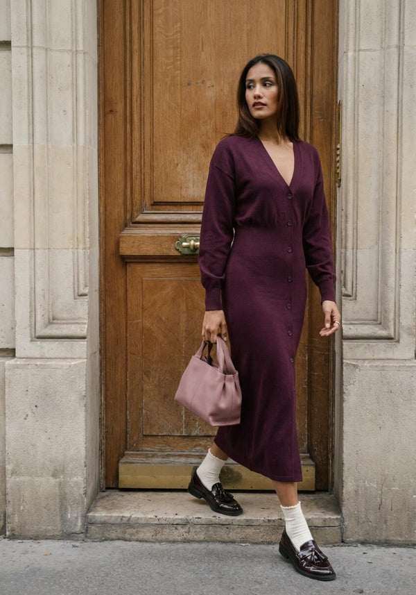 Pink Baby burgundy knit midi dress with button-front design, featuring a fitted silhouette and long sleeves.