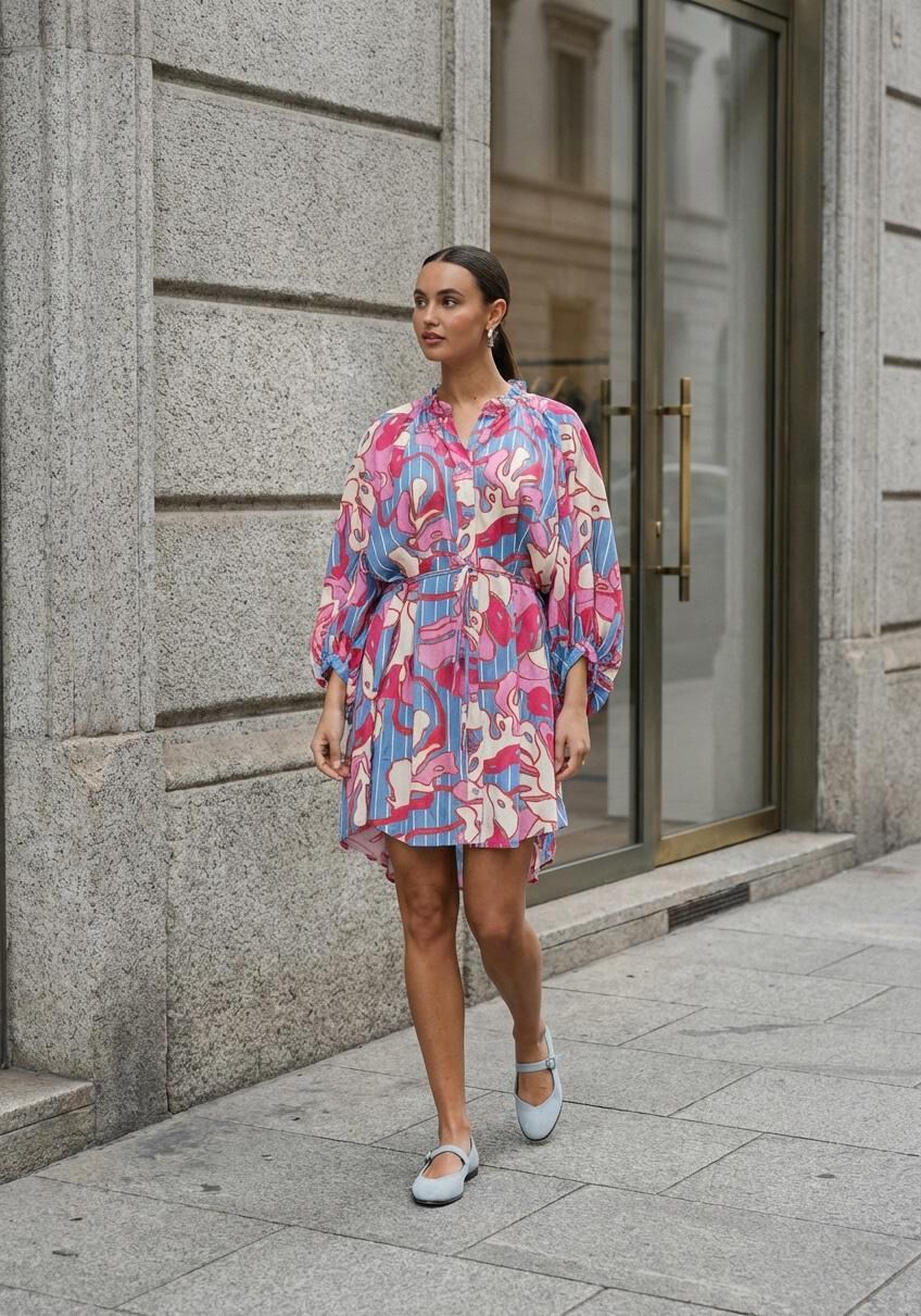 Pink Baby Paloma abstract print belted mini dress in pink and blue, featuring a stylish design and fitted waist.