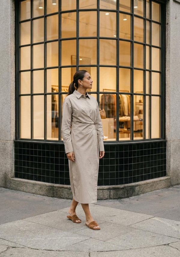 Pink Baby Fiona Draped Wrap Shirt Midi Dress in stone beige, featuring a draped wrap design and midi length.