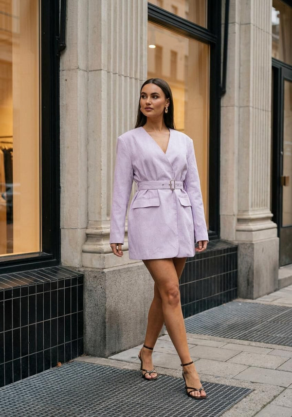 Pink Baby Paula belted blazer mini dress in lilac, featuring a tailored fit and stylish lapel, displayed on a white background.