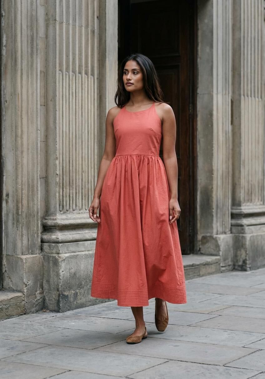 Pink Baby Camilla cross-back midi dress in vibrant coral with flowing fabric and stylish design, displayed on a hanger.
