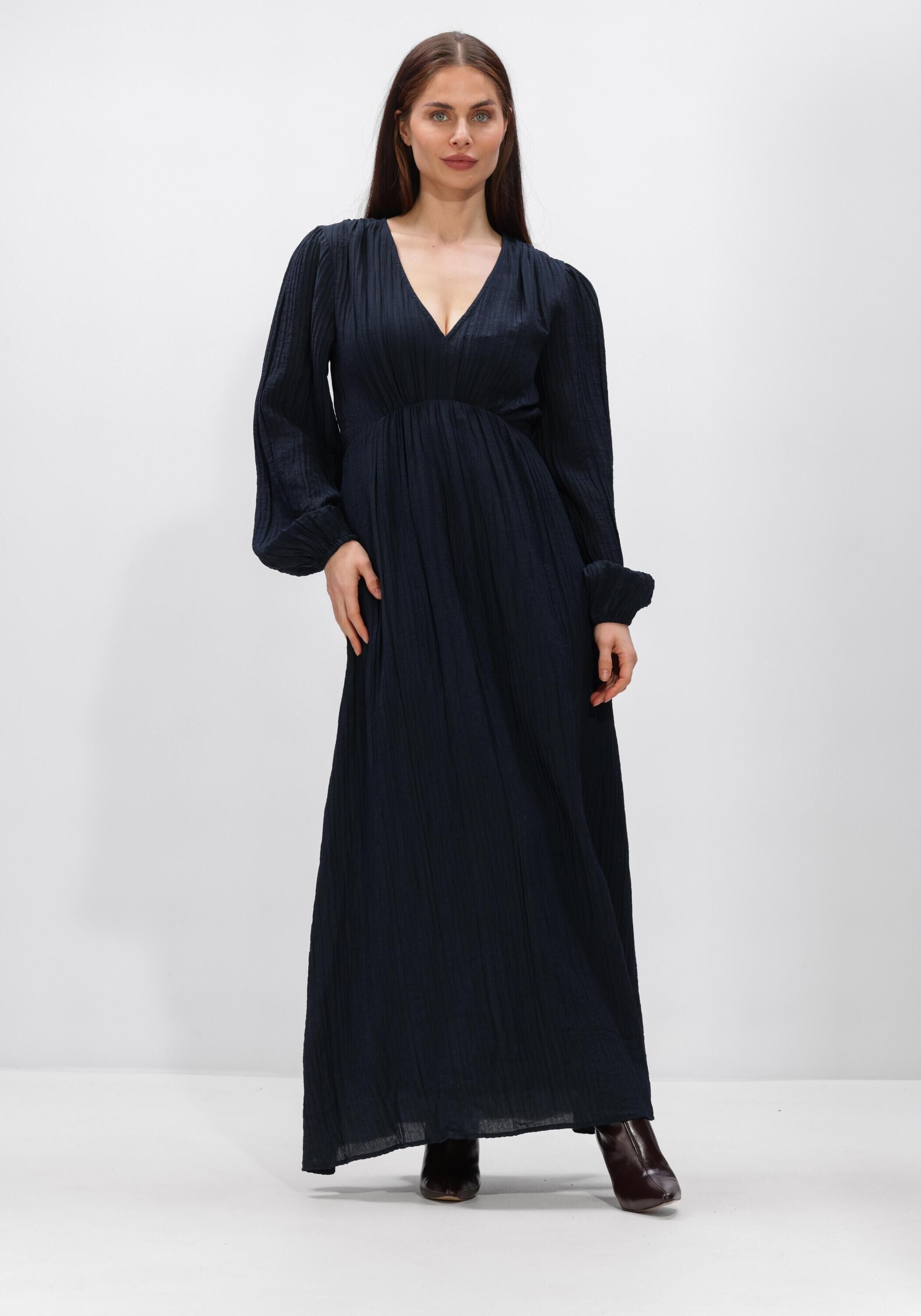Pink Baby Serena textured V-neck maxi dress in midnight blue, flowing fabric with a stylish V-neckline and elegant silhouette.
