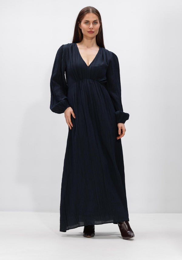Pink Baby Serena textured V-neck maxi dress in midnight blue, flowing fabric with a stylish V-neckline and elegant silhouette.