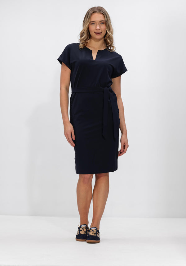 Pink Baby Serena belted notch-neck midi dress in navy, showcasing a belted waist, notch neckline, and midi length fabric.