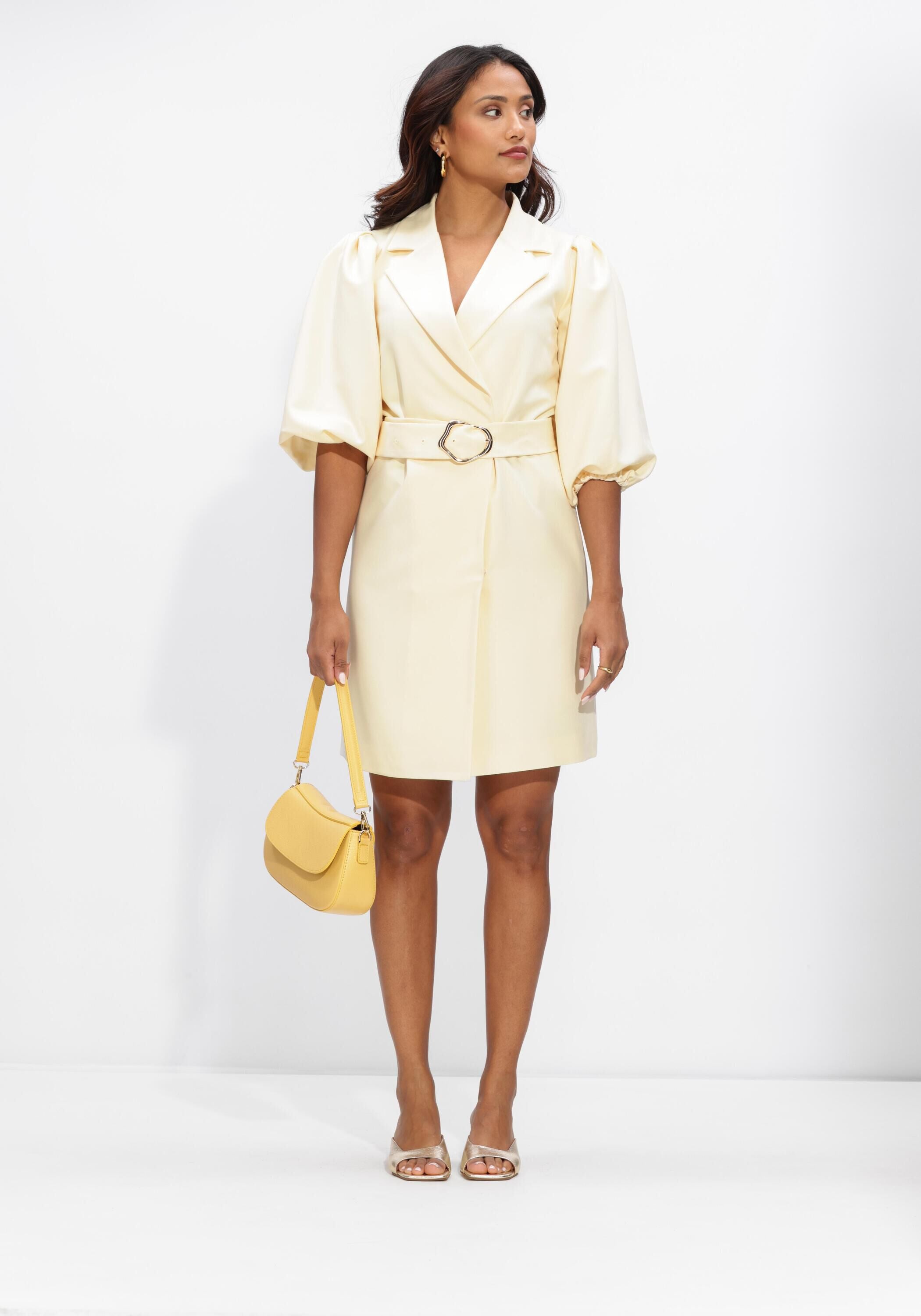Pink Baby Aurora belted blazer mini dress in butter yellow, shown on a model with a tailored fit and stylish design.