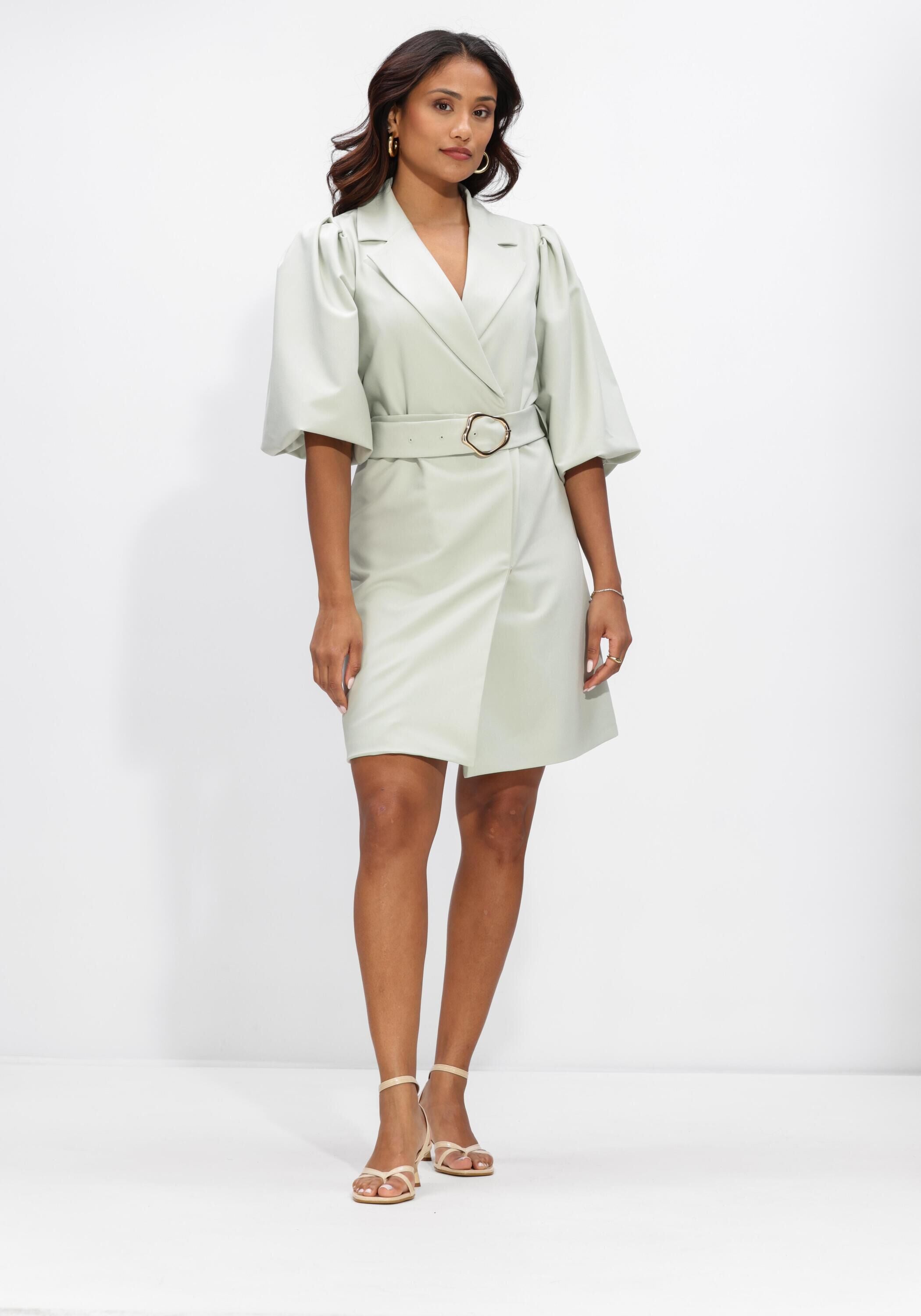Pink Baby Ronda belted blazer mini dress in sage green, featuring a tailored fit and stylish design for a chic look.
