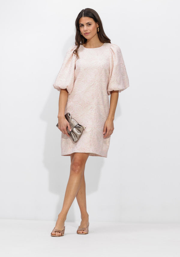 Pink Baby Belinda textured puff sleeve mini dress in blush color, shown with its detailed fabric and stylish puff sleeves.