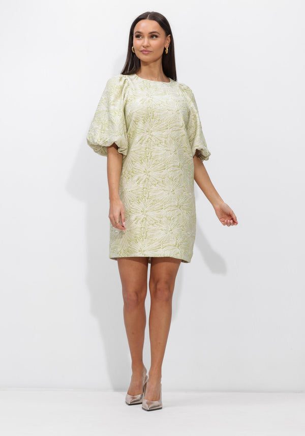 Pink Baby Cecilia textured puff sleeve mini dress in sage color, featuring a fitted silhouette and stylish puffed sleeves.