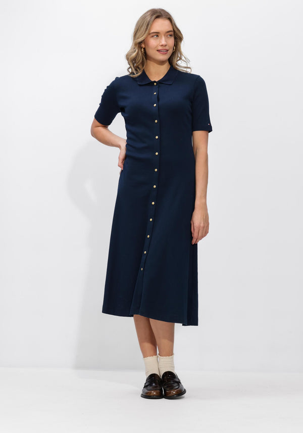 Pink Baby Lucia button-front collared navy midi dress hanging on a hanger with front view