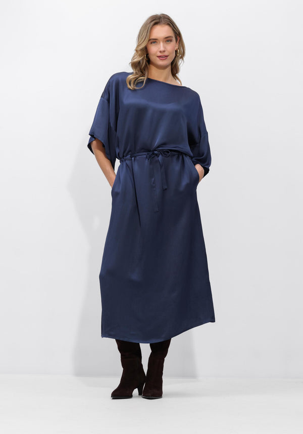 Navy satin tie-waist midi dress by Pink Baby with a flattering silhouette and elegant design, shown on a model.
