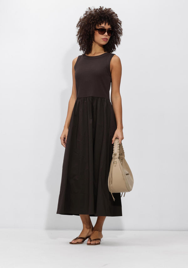 Pink Baby Viela gathered sleeveless midi dress in espresso brown, featuring a stylish, flowing design perfect for warm weather.