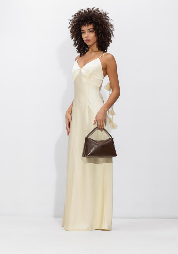 Ivory Elowen open-back satin maxi dress by Pink Baby, featuring a flowing silhouette and elegant open-back design.