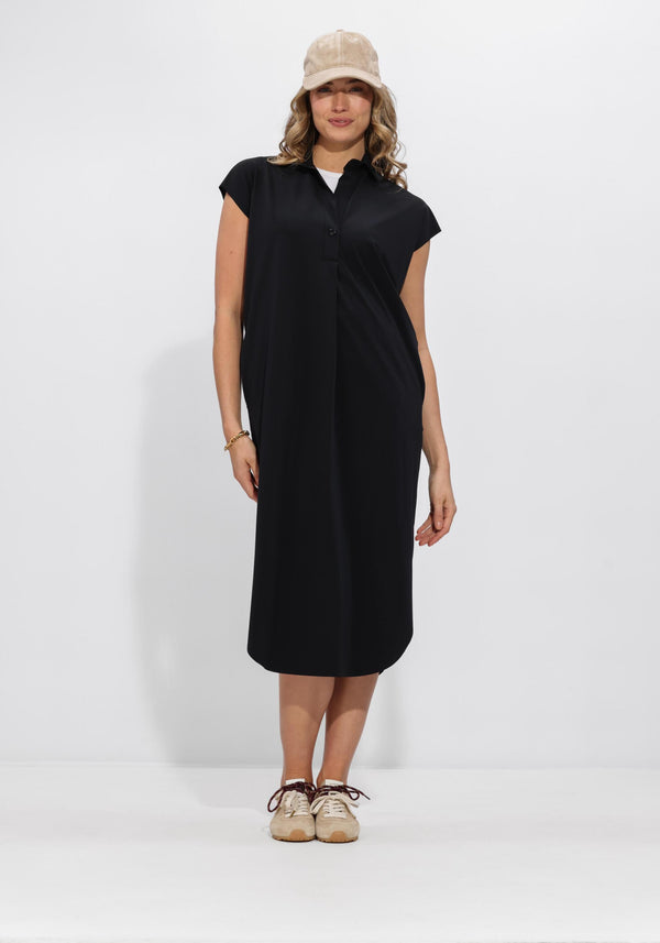 Black Alexa Relaxed Polo Midi Dress by Pink Baby, featuring a casual polo collar and relaxed fit, displayed on a mannequin.