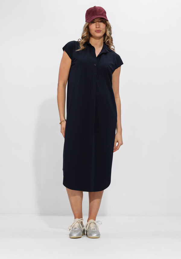Pink Baby Valeria Relaxed Polo Midi Dress in midnight navy, showing the soft fabric and relaxed fit on a hanger.