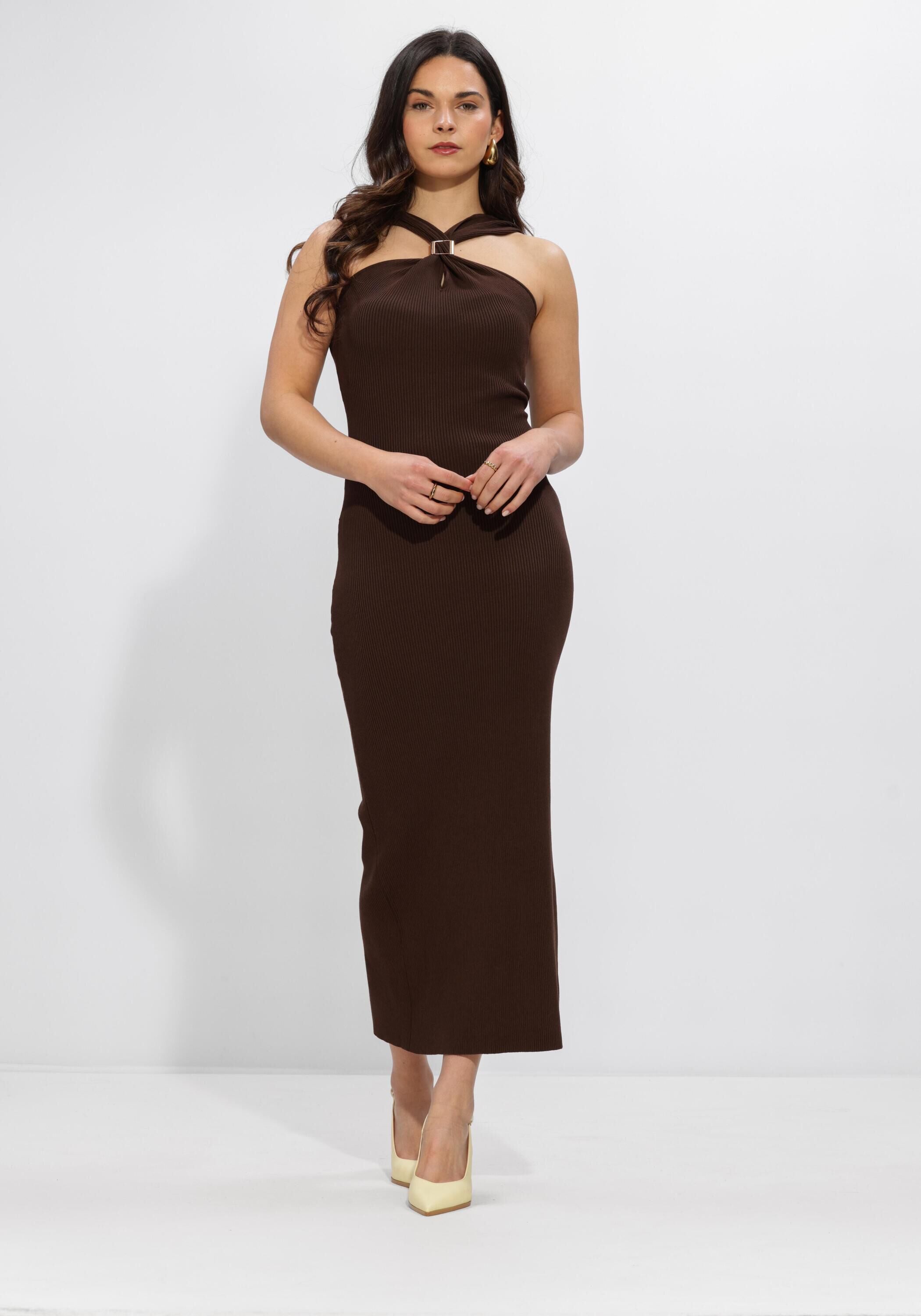Pink Baby Vinice Twist-Halter Ribbed Maxi Dress in chocolate brown, featuring a twist halter neckline and ribbed fabric.
