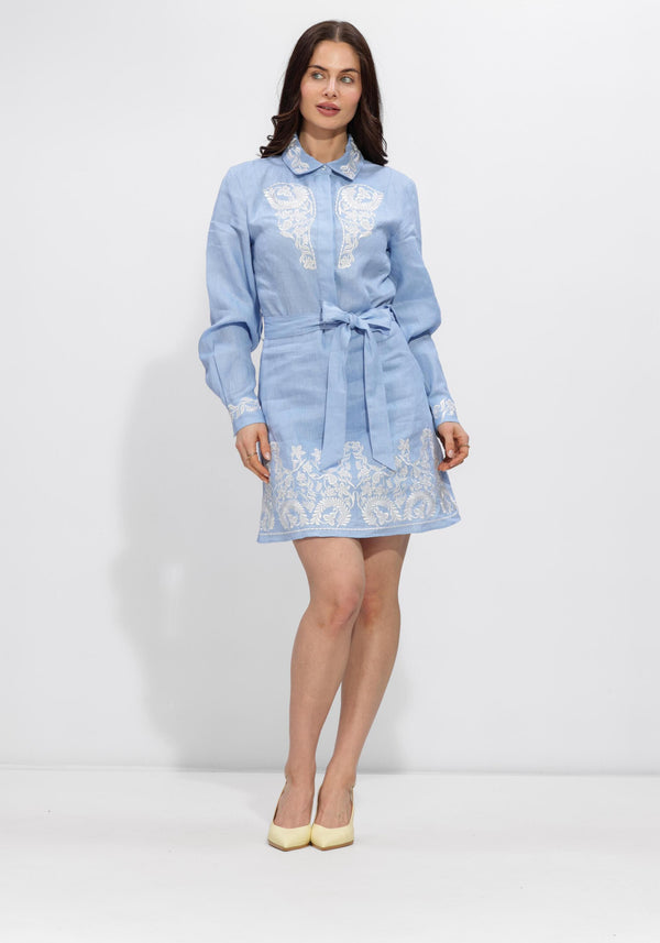 Light blue Isabella embroidered belted shirt dress by Pink Baby, featuring detailed embroidery and a waist belt.