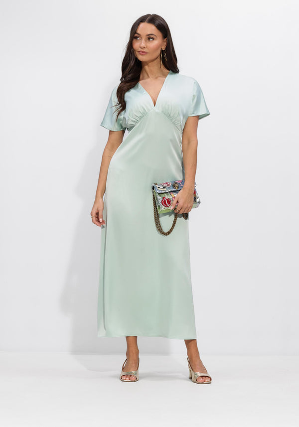 Pink Baby Elare Satin V-Neck Maxi Dress in mint green, flowing satin fabric with V-neckline and sleeveless design.