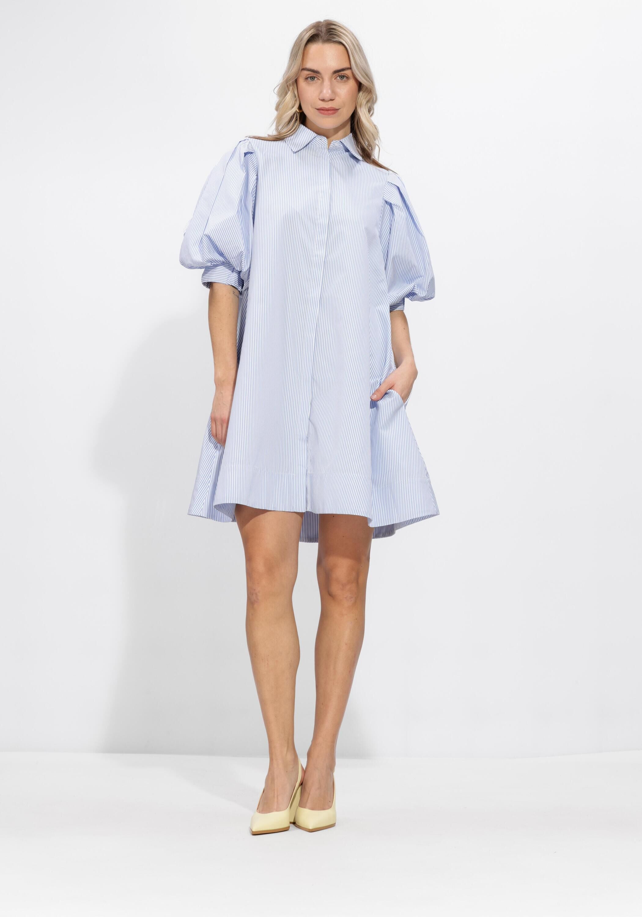 Pink Baby Christine striped puff sleeve shirt dress in blue, featuring a stylish design and lightweight fabric.