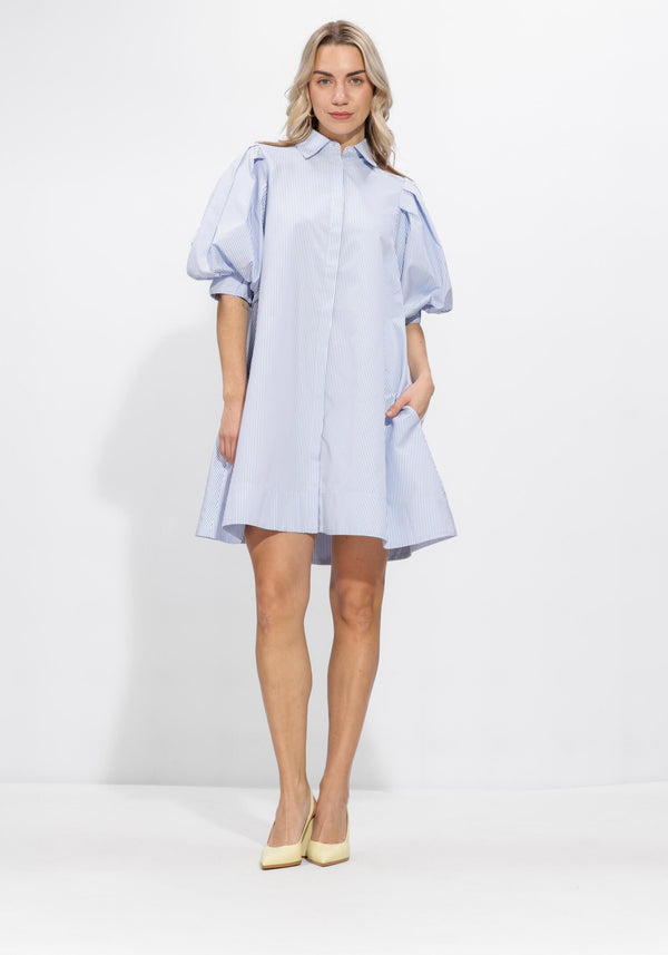Pink Baby Christine striped puff sleeve shirt dress in blue, featuring a stylish design and lightweight fabric.