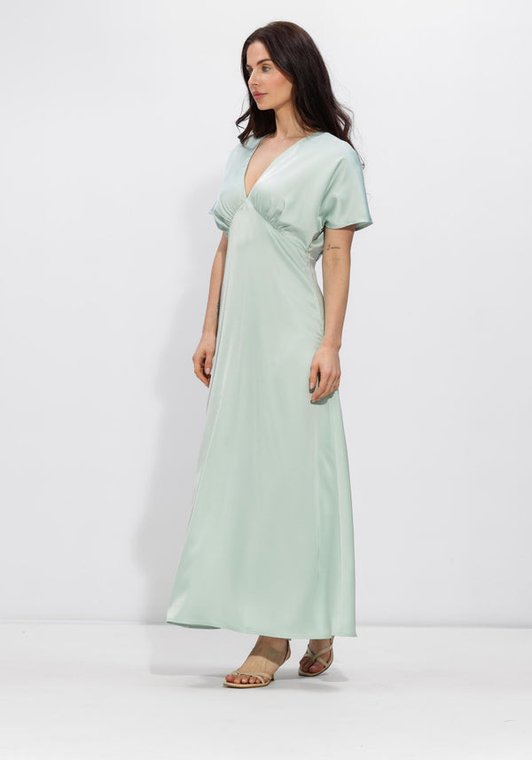 Mint green satin V-neck maxi dress by Pink Baby, flowing fabric, elegant design, and full-length silhouette.