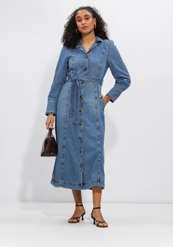 Pink Baby Caterina belted denim midi dress in mid blue, featuring a waist belt and casual midi-length design.