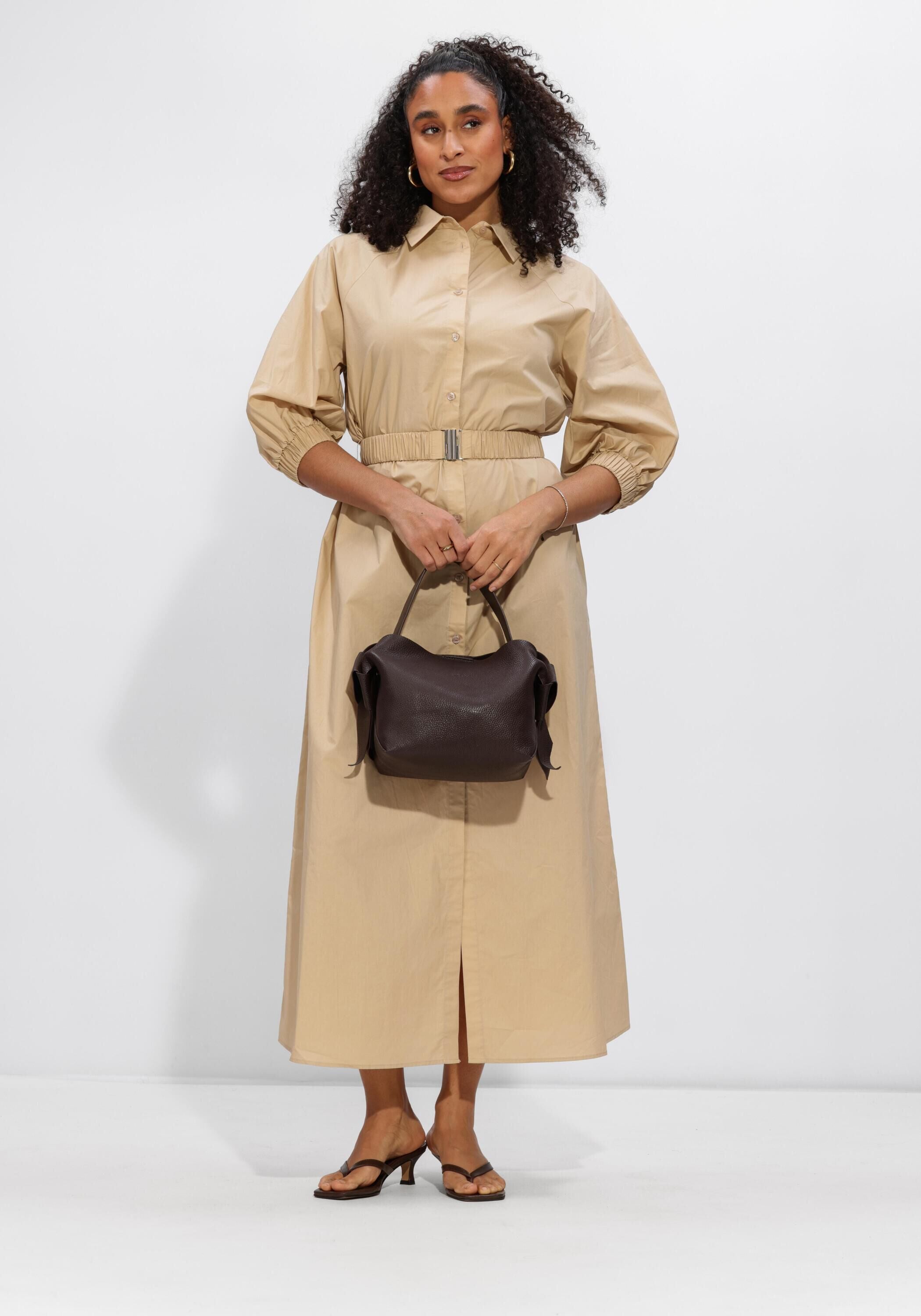 Pink Baby Sabine Belted Shirt Maxi Dress in sand beige, featuring a relaxed fit and waist belt, displayed on a hanger.