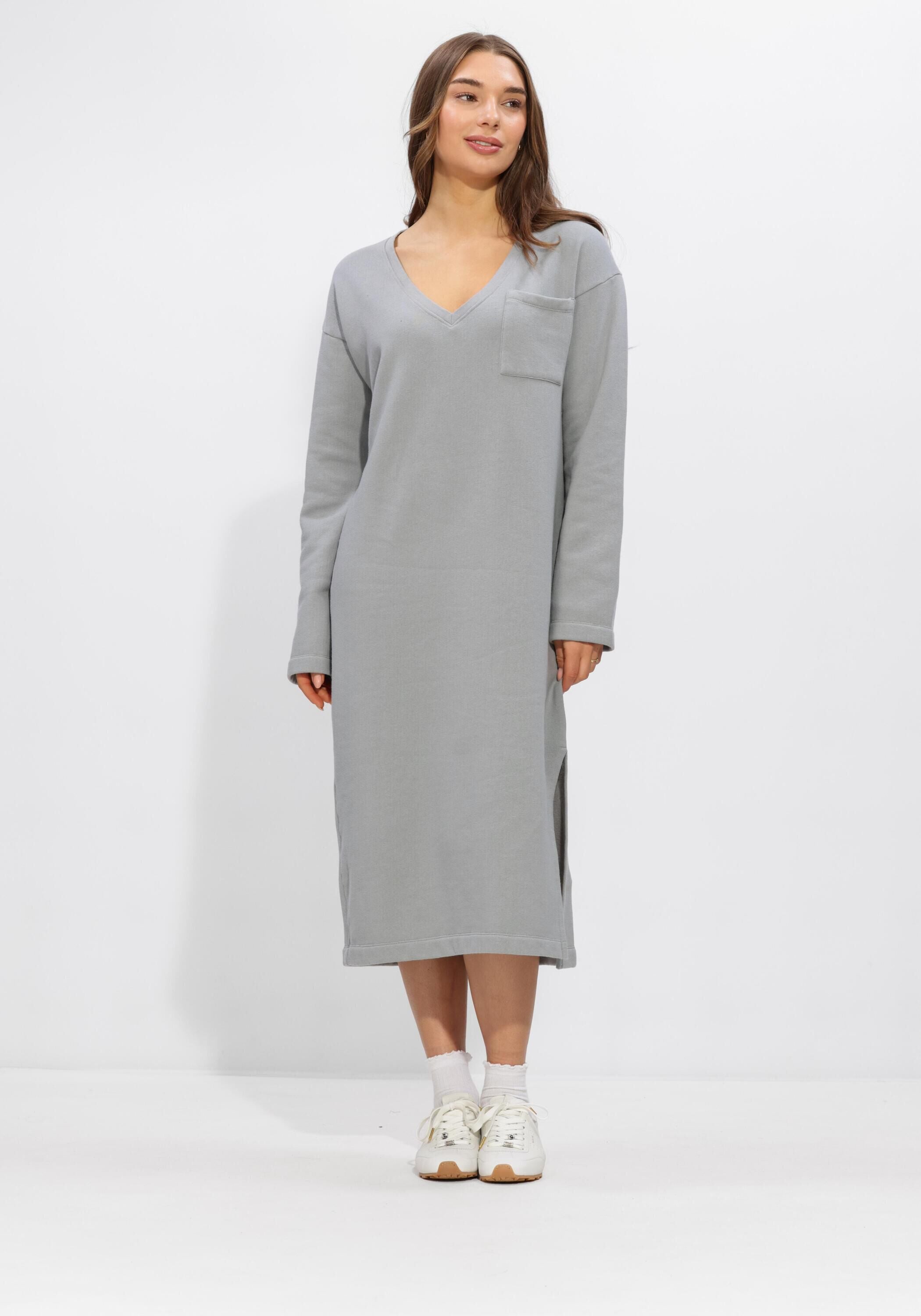Pink Baby Sammie relaxed v-neck midi dress in mist grey, showcasing a flowy, casual style with a relaxed fit.