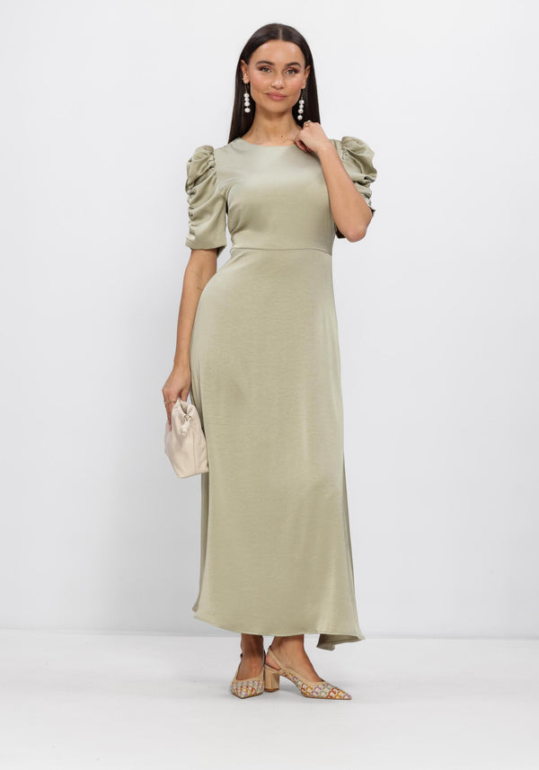 Pink Baby Adelinda satin maxi dress with puff sleeves in sage green, flowing fabric and elegant design.