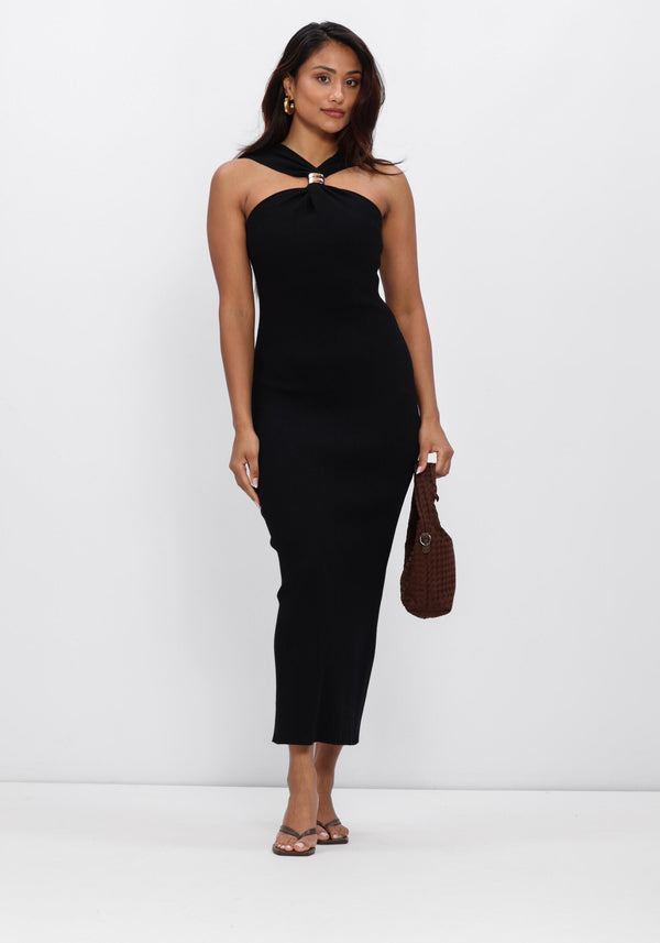 Black Vivienne Hardware Halterneck Midi Dress by Pink Baby, featuring a stylish halterneck design and midi length.