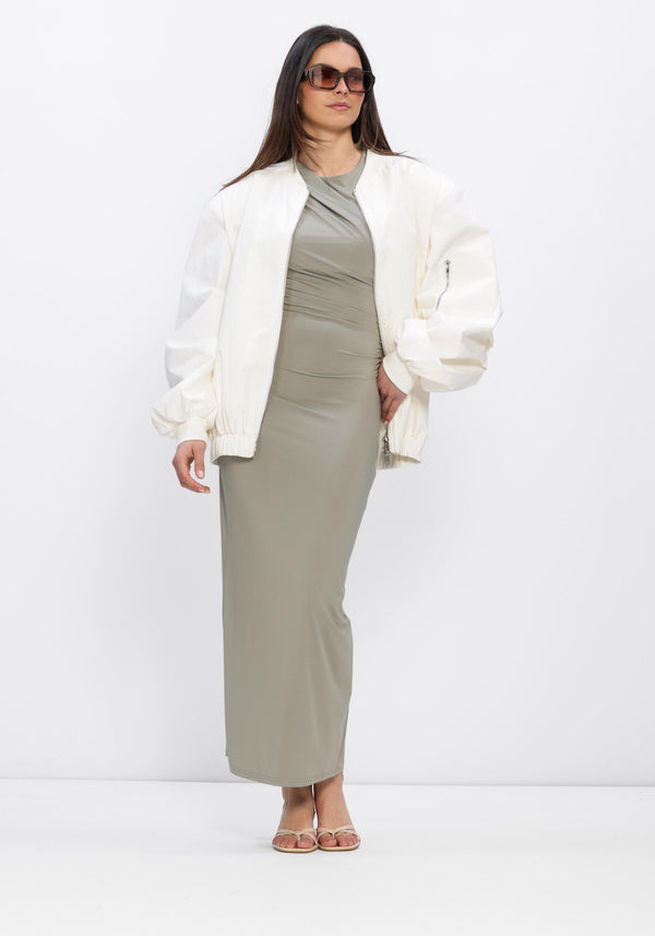 Pink Baby Elisana Draped Maxi Dress in sage grey, flowing fabric with draped design and soft, elegant silhouette.