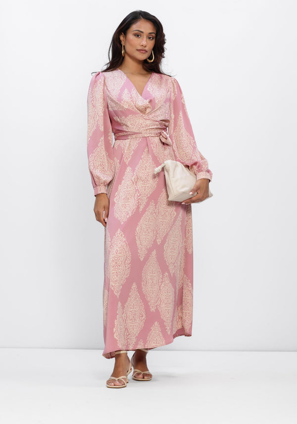 Pink Talya Paisley Wrap Maxi Dress by Pink Baby, featuring a flowing design and vibrant paisley pattern.