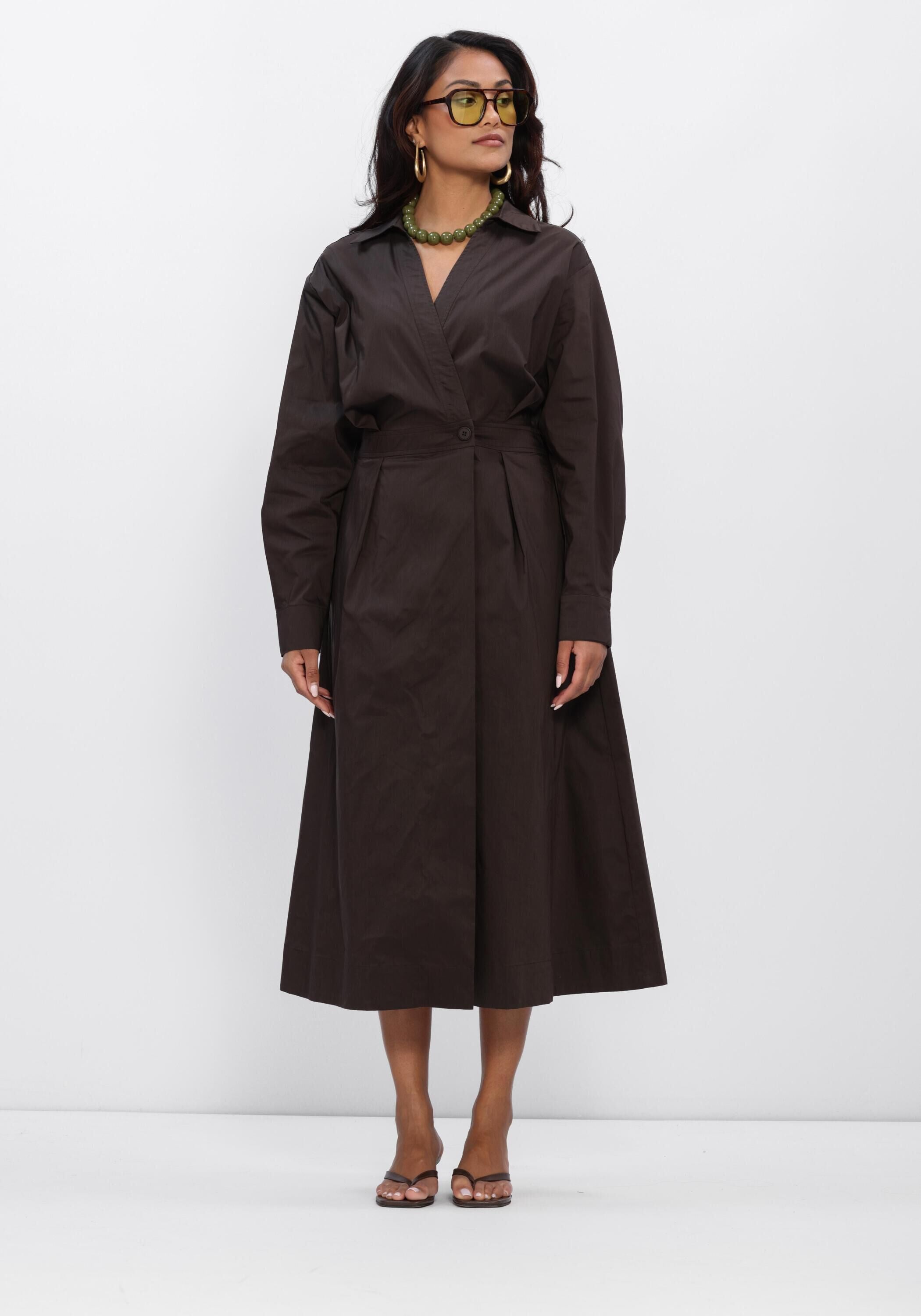 Pink Baby Elina tailored wrap midi dress in espresso brown, featuring a fitted waist and elegant midi length.