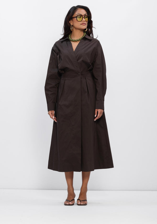 Pink Baby Elina tailored wrap midi dress in espresso brown, featuring a fitted waist and elegant midi length.