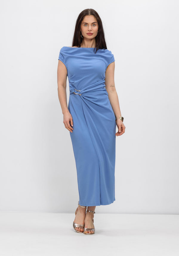 Pink Baby Isolde Draped Hardware Maxi Dress in powder blue, featuring elegant draping and hardware details, full-length view.