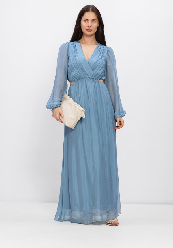 Pink Baby Arielle cut-out wrap maxi dress in dusty blue, featuring a stylish design and flowing fabric.