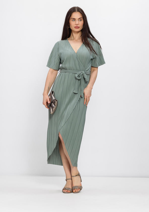 Sage green Aveline pleated wrap midi dress by Pink Baby, featuring a flattering waist tie and elegant pleated fabric.