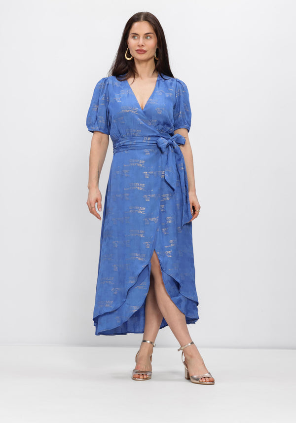 Royal blue Luciana shimmer wrap midi dress by Pink Baby, featuring a fitted waist and elegant midi length with shimmering fabric detail.