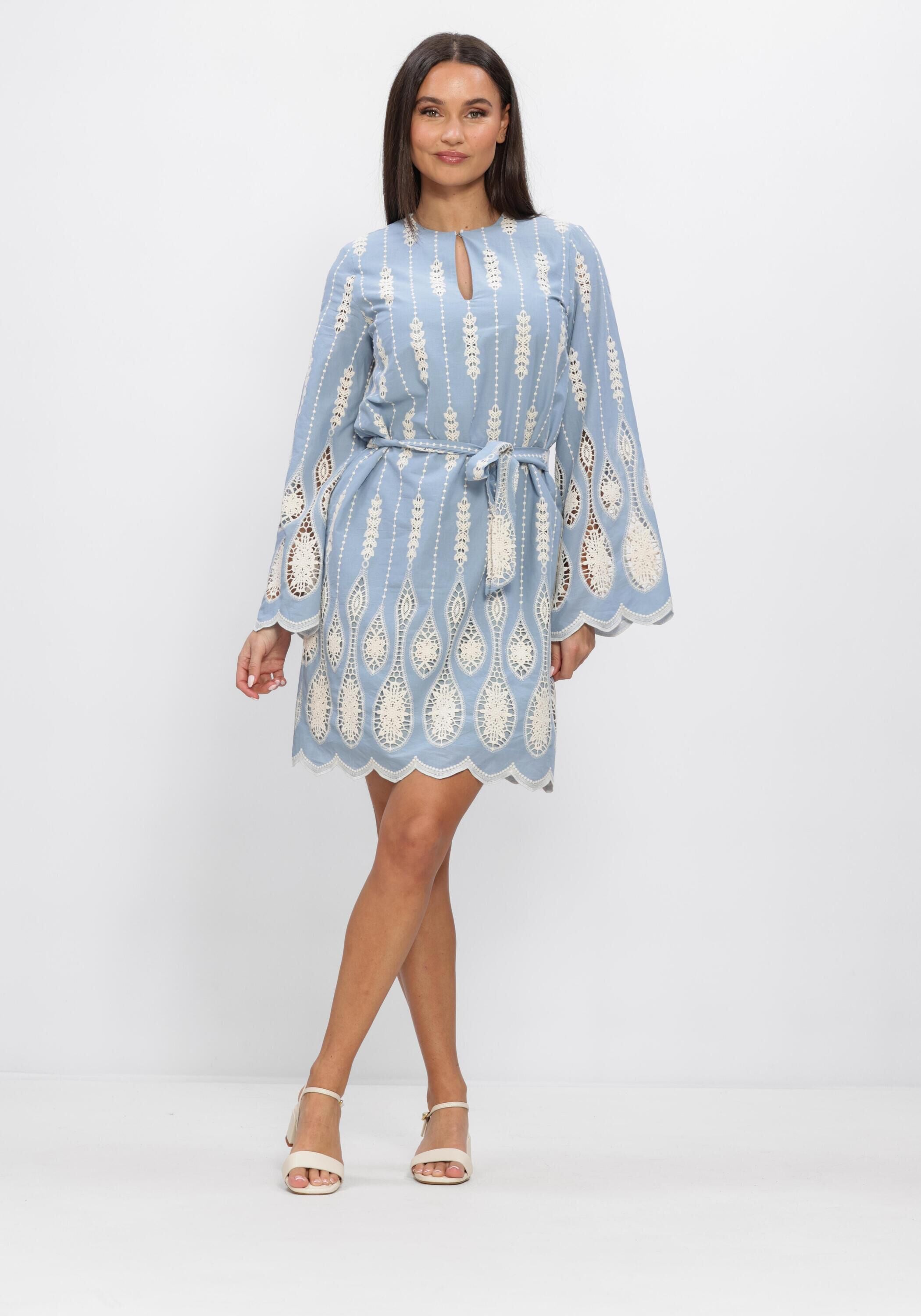 Sky blue Jona embroidered lace mini dress by Pink Baby, featuring intricate lace details and a stylish fit.