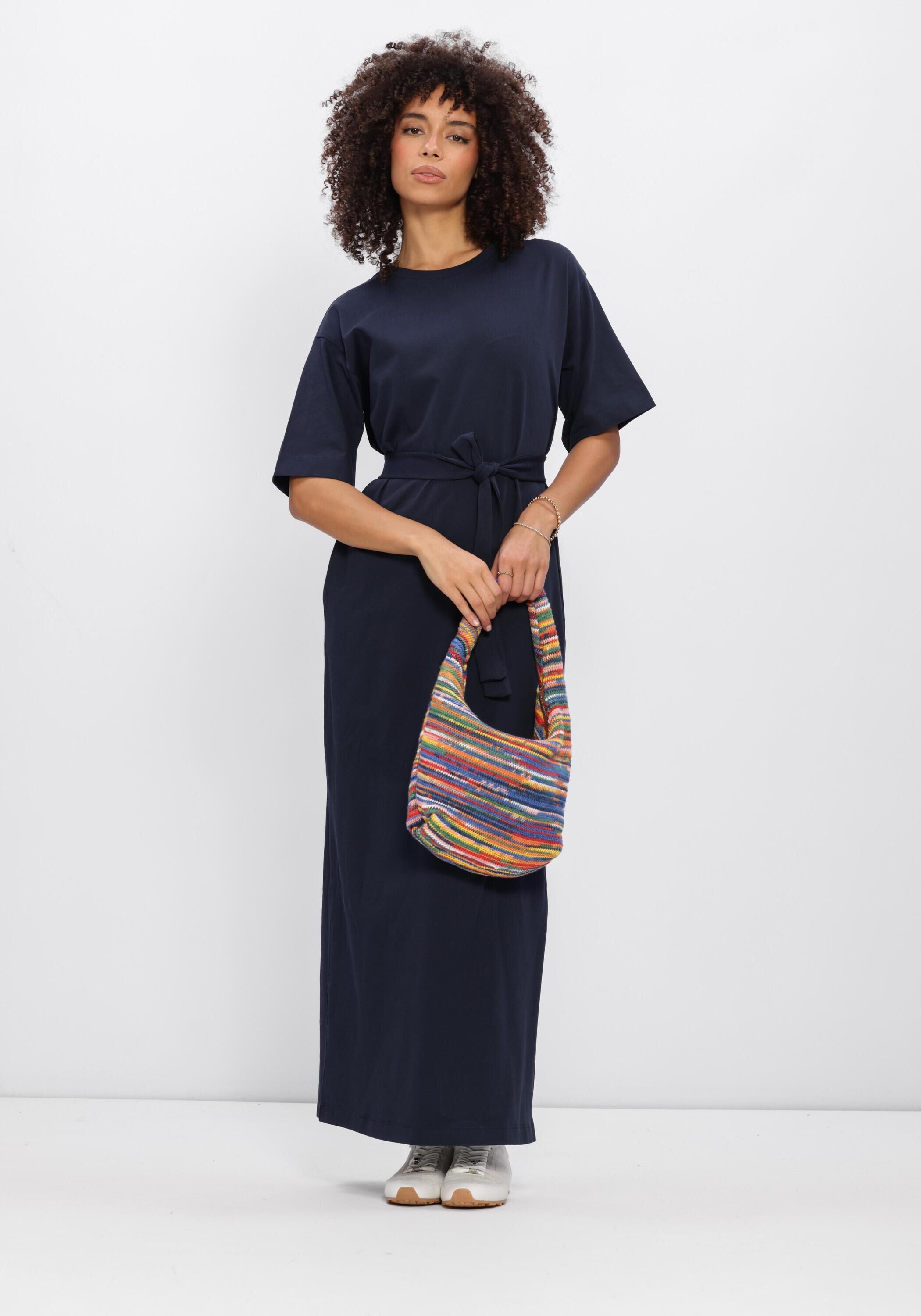 Pink Baby Noela belted maxi T-shirt dress in navy, featuring a relaxed fit with a waist belt and short sleeves.