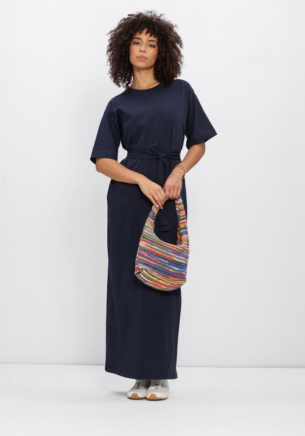 Pink Baby Noela belted maxi T-shirt dress in navy, featuring a relaxed fit with a waist belt and short sleeves.