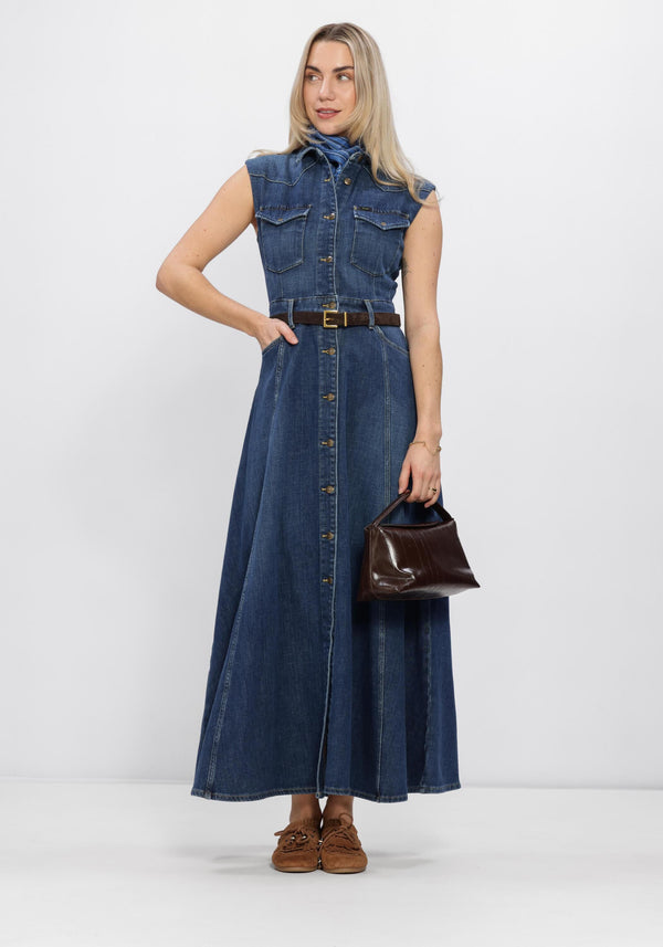 Dark blue Genevieve belted denim maxi dress by Pink Baby, featuring a flowing silhouette and stylish belt detail.