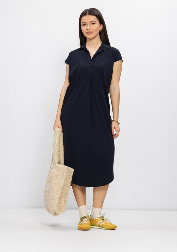 Pink Baby Valeria Relaxed Polo Midi Dress in midnight navy, showing a casual, flowy design with short sleeves and a polo collar.
