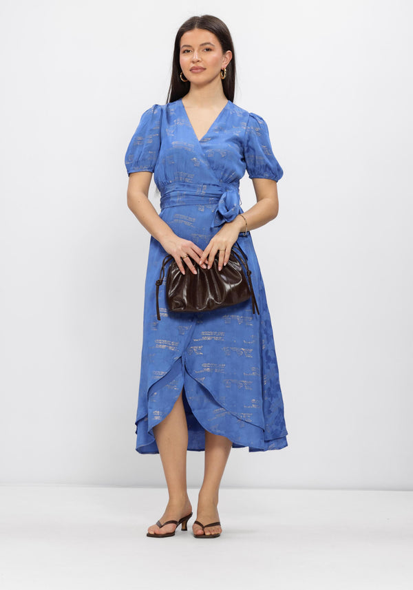 Pink Baby Luciana Shimmer Wrap Midi Dress in royal blue with a shimmering fabric and elegant wrap design.