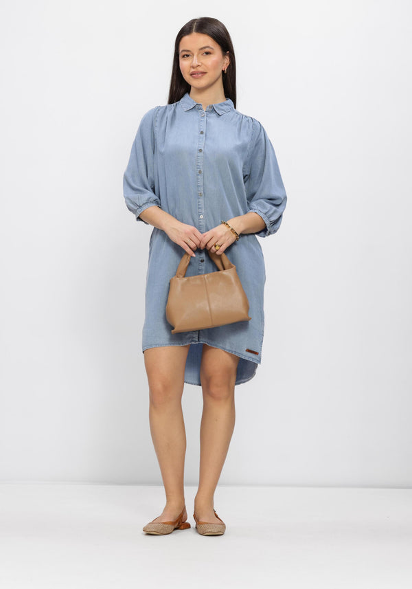 Light blue Normi denim shirt dress by Pink Baby with button-front design, displayed on a plain background.