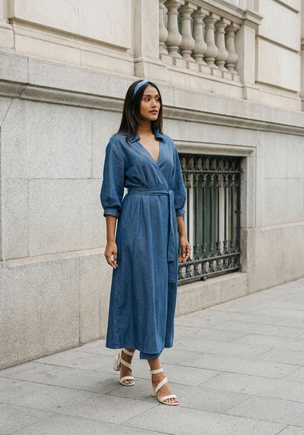 Pink Baby Violinda wrap shirt midi dress in denim blue, featuring a stylish design and comfortable fit.