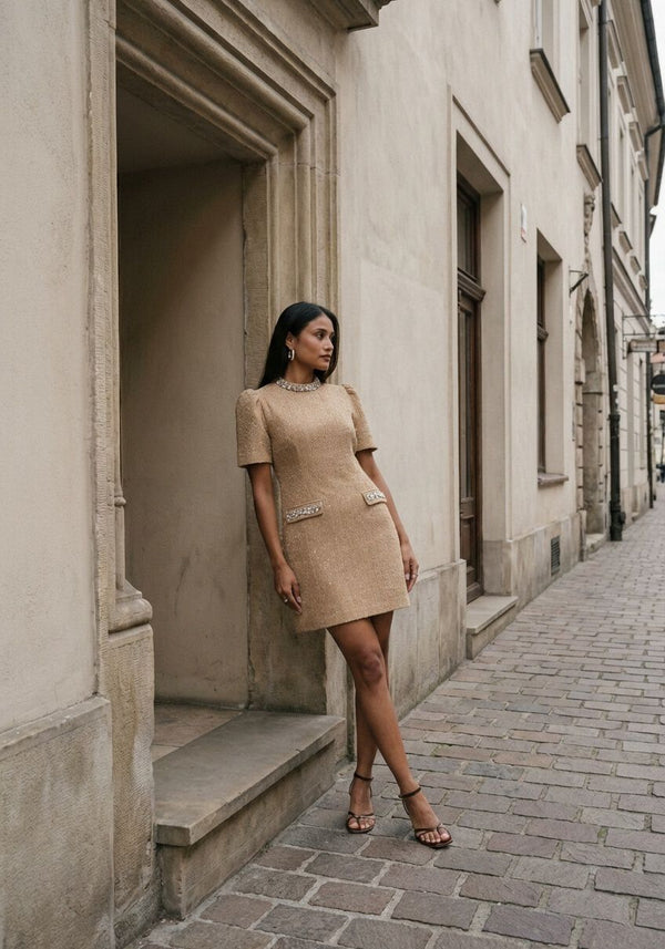 Pink Baby Ebrina embellished gold tweed mini dress displayed on a mannequin with intricate gold embellishments and a fitted silhouette.