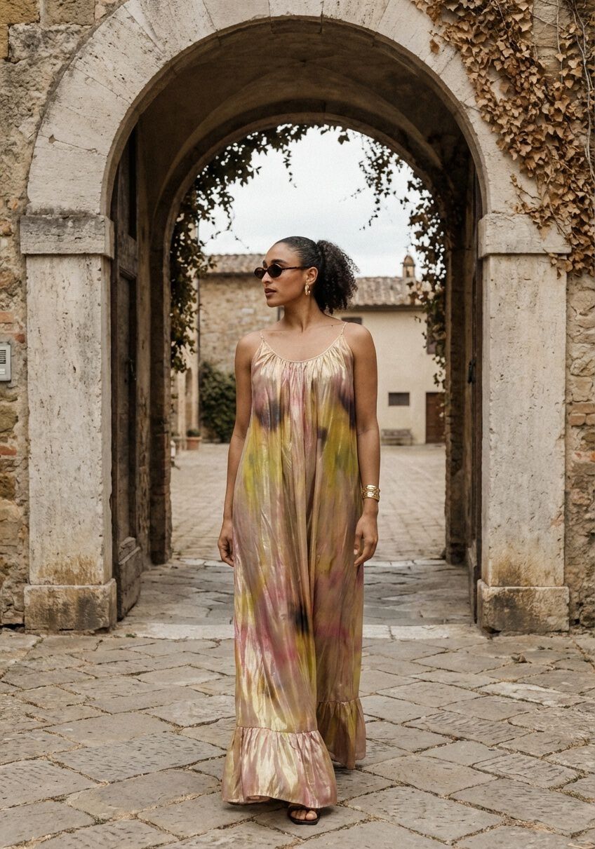 Lavinia Metallic Watercolour Maxi Dress in gold and pink by Pink Baby, featuring flowing fabric and elegant design.